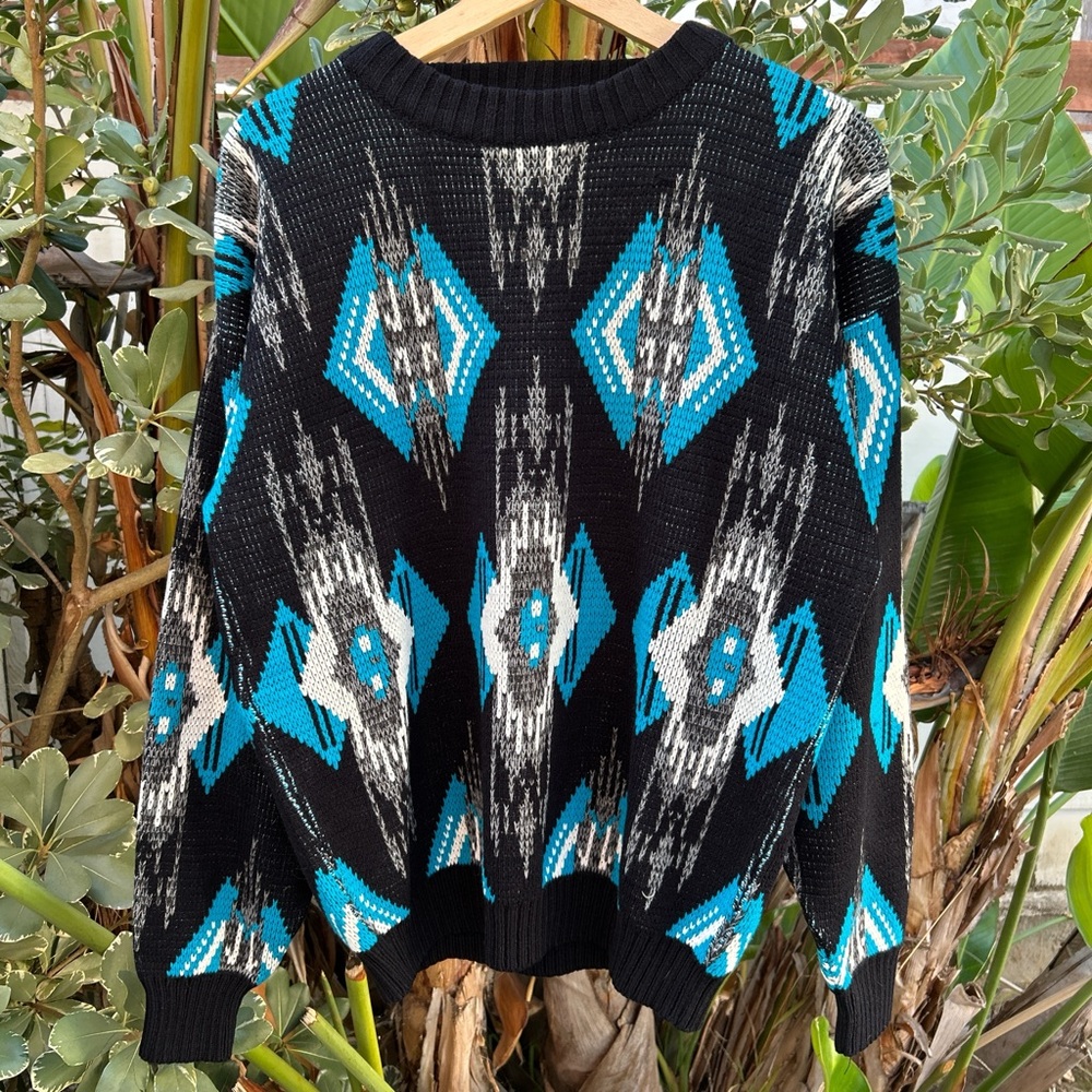 Vintage 80s Front Line Aztec Southwestern Knit Sweater Black Teal L